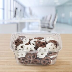 32 oz RPET Plastic Tamper-Evident/Resistant Container with Flat Lid With Chocolate covered pretzels in container