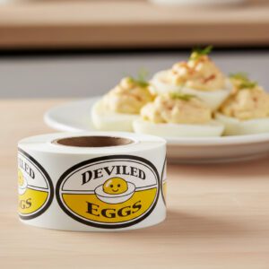 Deviled egg labels on a roll of 500 stickers
