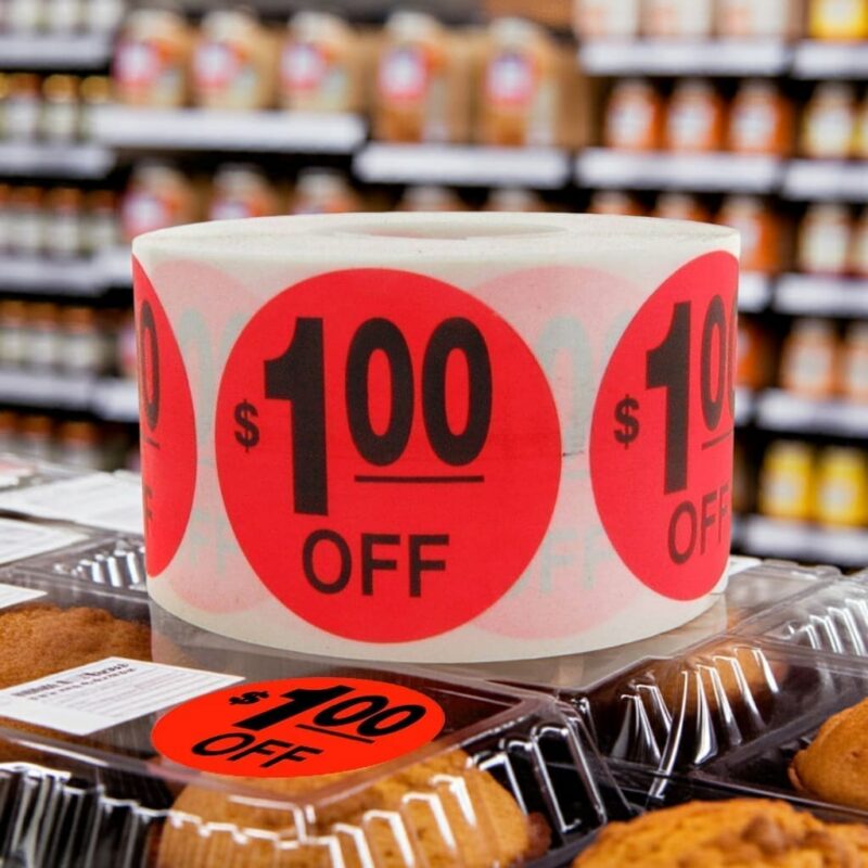 $1.00-OFF-Label—500_roll-edited_2 $1.00 off label red circle sticker with text that reads $1.00 off in use in bakery