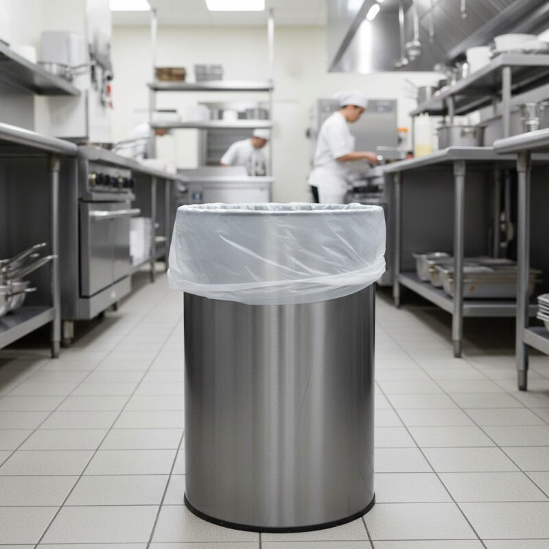 100003-31-33-Gallon-Clear-HD-Can-Liners Roll of clear 31-33 gallon high-density industrial trash can liners