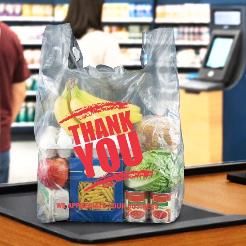 100323 Thank you Bag with red text on Checokout counter Thank you Bag with red text on Checkout counter