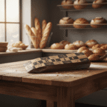 Garlic foil bread bag on bakery table