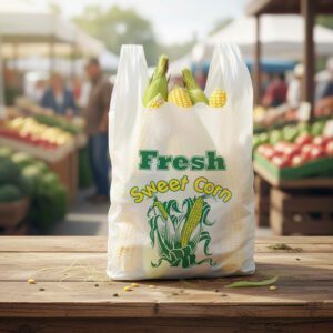 Sweet Corn Bag with corn inside bag sitting on a farmer's market table