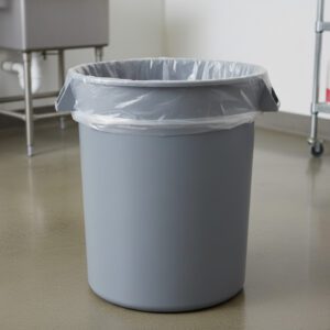Clear 60-gallon high-density industrial trash liners for large-scale recycling.