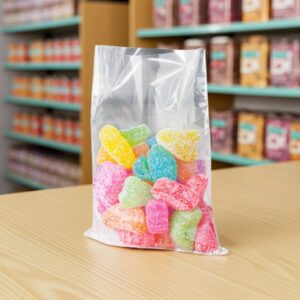 medium takeout plastic bag with candies inside