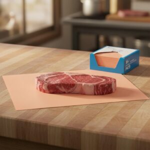 Peach Steak Paper 12" x 30" shown with steak on sheet and box of paper