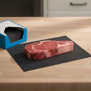 Black Steak Paper 8" x 30" shown with steak on sheet