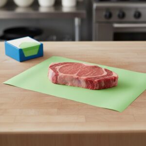 Green Steak Paper 10" x 30" shown with steak on sheet with box