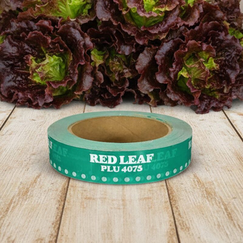 110207-Red-Leaf-Lettuce-Tape-with-PLU40752 Led leaf lettuce tape green with white text on table