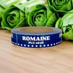 romaine lettuce tape blue tape with white text on wood table