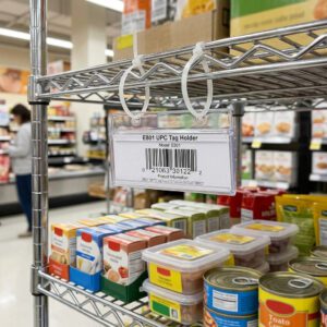 Clear UPC Tag Holder E801 with zip tie holders hung on shelf