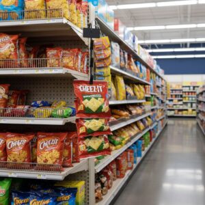 Black Strip Merchandisers with 6 clips hanging up in a supermarket shelf