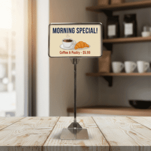 Store Sign Frame with Metal Stand – Chrome 5.5″ x 7″