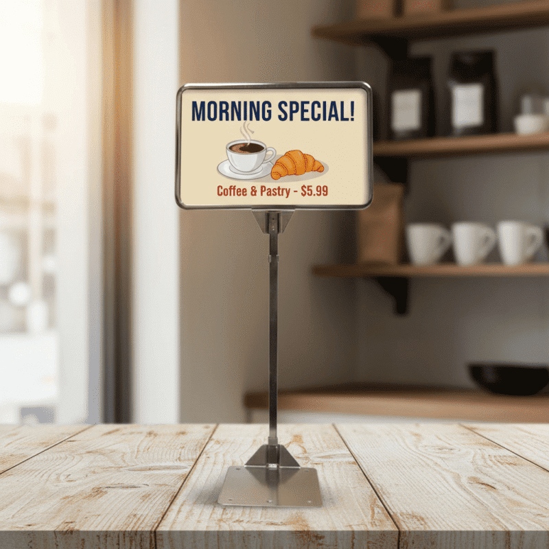 Store Sign Frame with Metal Stand – Chrome 5.5″ x 7″