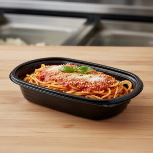 Small entree Microwavable Takeout Container 24 ounce with pasta inside