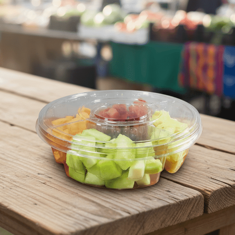 260401 13 inch 4 Compartment Fruit or Deli Tray with Lid and Dip Cup