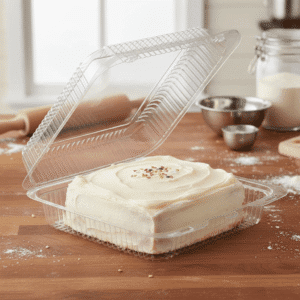 Large Hinged Square Cake Container 8.5 x 9 x 3 with cake inside