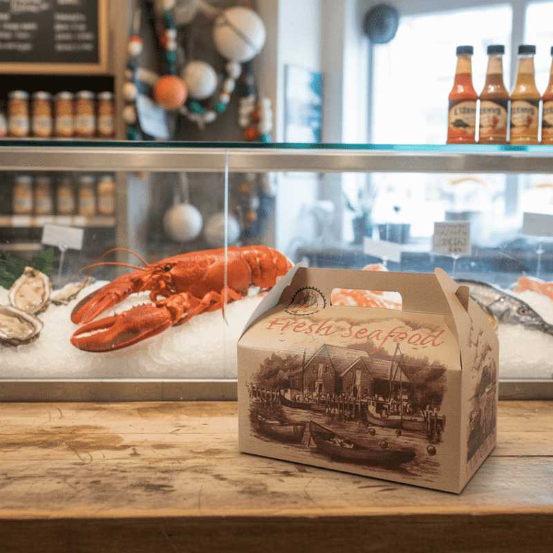 360031 Lobster Box Takeout Kraft Box with fresh Seafood Design on counter