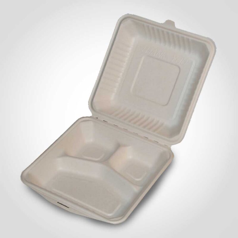 360222 9 inch 3-Section Molded Clamshell Champware Made from Sugar Cane Pulp Fiber