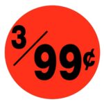 3 for 99 cents sticker pricing label on adhesive red label with black print