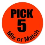 Pick 5 Mix or Match on Round Sticker with Black Print and Bright Red Background