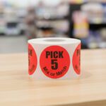 Pick 5 mix or match round label on a red sticker with black text