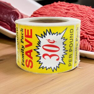Family Pack Save 30 cents per pound discount butcher sticker