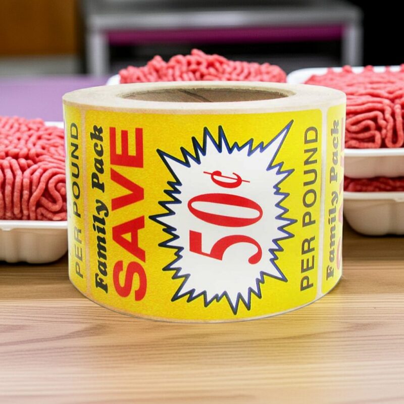 Family Pack Save 50 cents per pound discount butcher sticker
