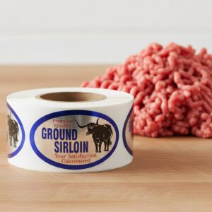 Ground Chuck sirloin on a silver foil label
