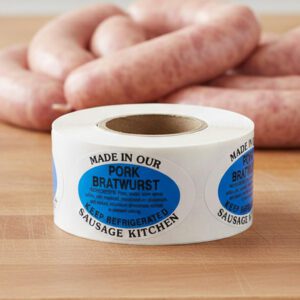 Bratwurst Sticker on a white oval label that reads Pork Bratwurst