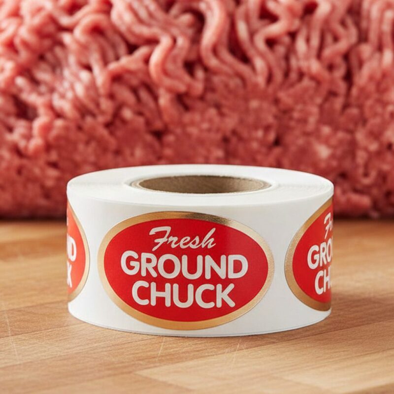500160-Fresh-Ground-Chuck-Label-Butcher-Sticker Fresh Ground chuck Foil Sticker on a roll of labels