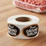 Fresh Ground sirloin Foil Sticker on a roll of labels