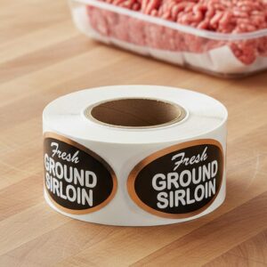 Fresh Ground sirloin Foil Sticker on a roll of labels