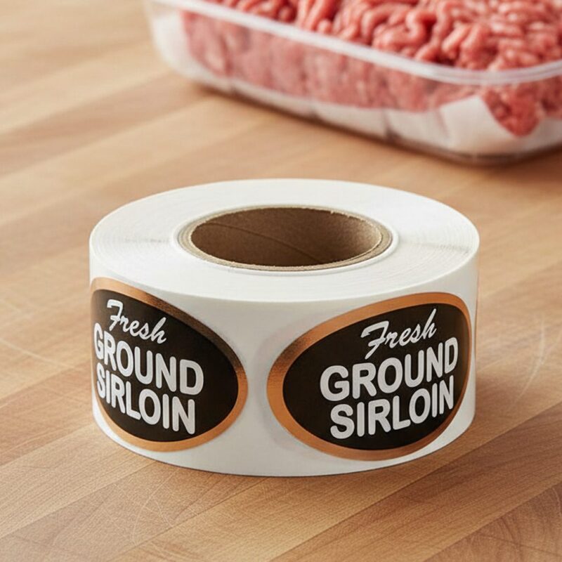 500161-Fresh-Ground-Sirloin-Label-Butcher-Sticker-2 Fresh Ground sirloin Foil Sticker on a roll of labels