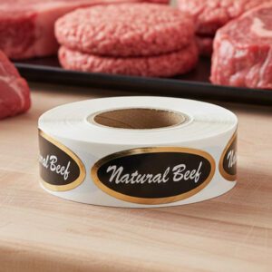 natural beef sticker on a gold foil label