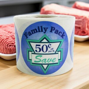 Family Pack save 50 cents per pound discount butcher sticker purple
