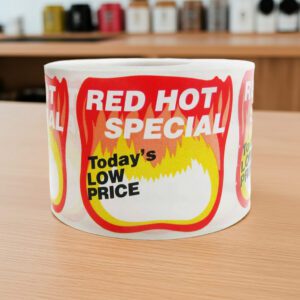 red hot special sticker on a die cut label with room to write
