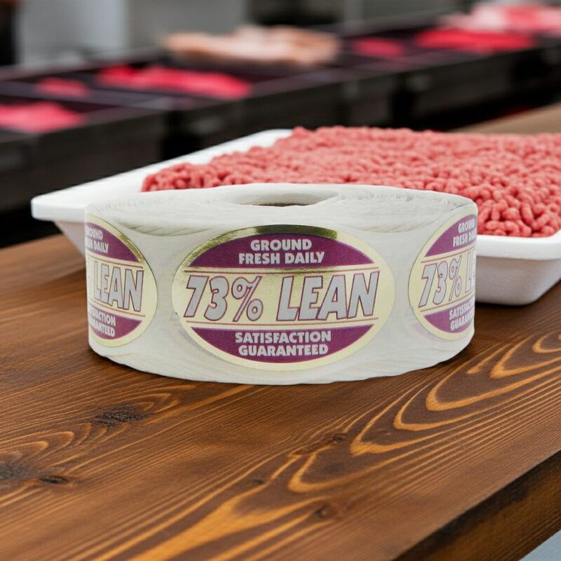 500316-73%-Lean-Ground-Fresh-Daily-Label-Butcher-Sticker 73 percent lean label for ground meat on a foil sticker