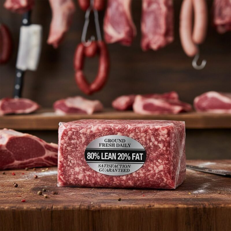 500317-80%-Lean-Ground-Fresh-Daily-Label-Butcher-Sticker 80 percent lean ground fresh daily label on ground meat