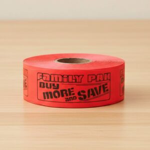 family pack buy more save more sticker on a red label with black text