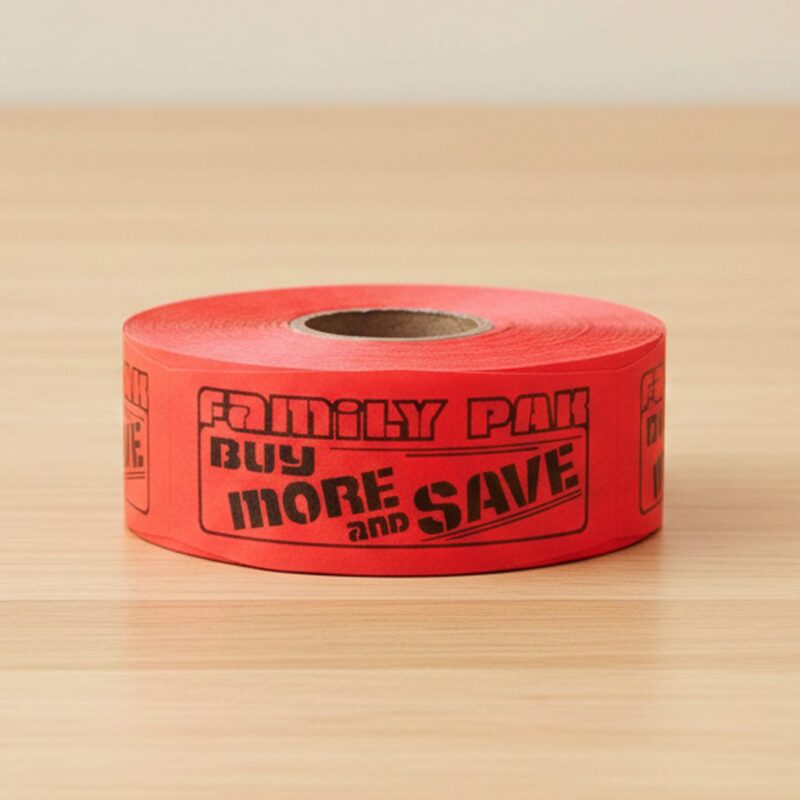 family pack buy more save more sticker on a red label with black text