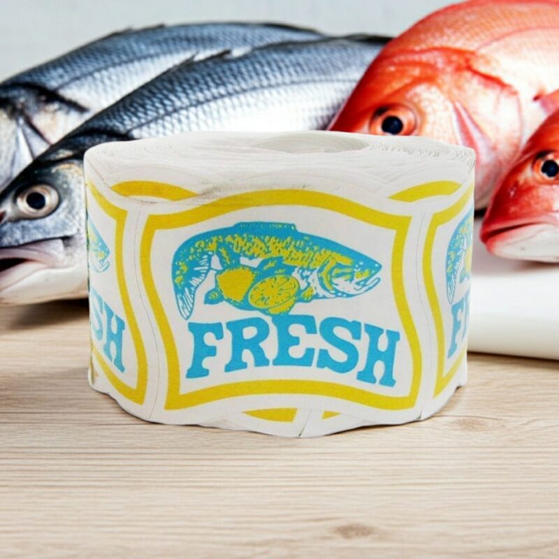 Fresh Fish label with a fish image and the text fresh on the sticker