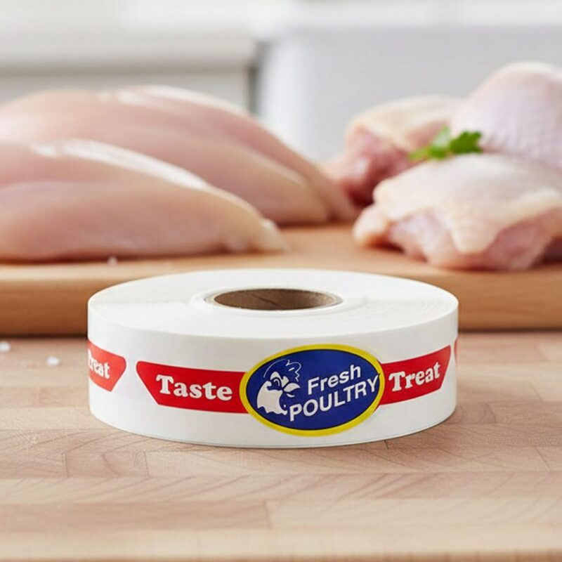 500373-Fresh-Poultry-Label-Butcher-Sticker Poultry Sticker on band label shown with cuts of chicken in the background