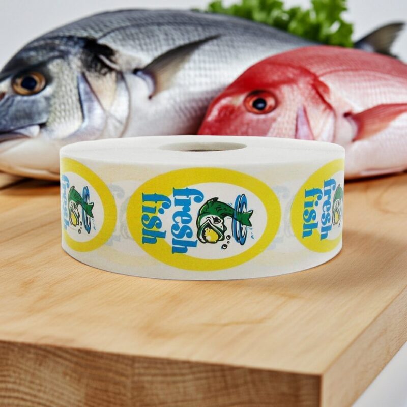 Fresh Fish oval label with a fish image and the text fresh fish on the sticker