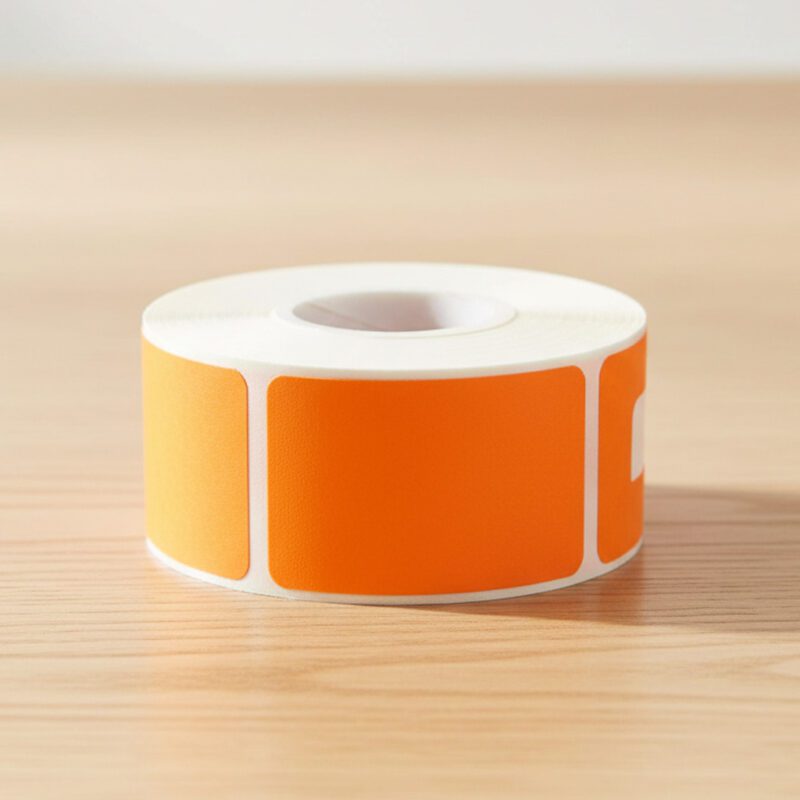 Blank orange rectangle sticker on a roll of labels
