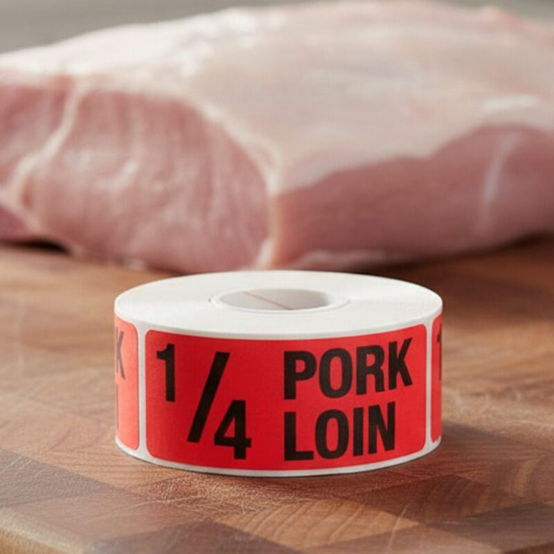 500458-1_4-Pork-Loin-Label-Butcher-Sticker fourth pork loin on a rectangle red sticker with black print