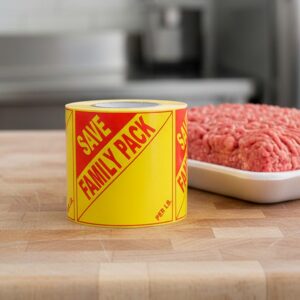 promotional Family Pack butcher sticker with save on a yellow and red label and room to write