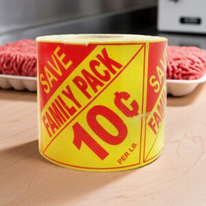 promotional Family Pack 10 cents off per pound butcher sticker with save on a yellow and red label