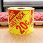 promotional Family Pack 20 cents off per pound butcher sticker with save on a yellow and red label