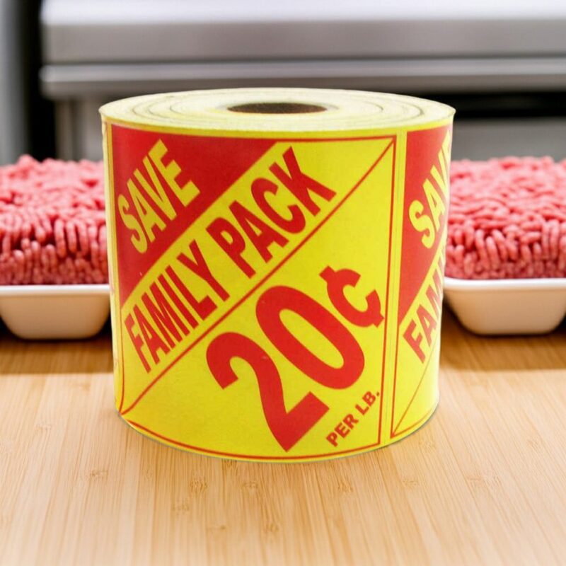 500469-Family-Pack-Save-20-Cent-Label-Stickers promotional Family Pack 20 cents off per pound butcher sticker with save on a yellow and red label